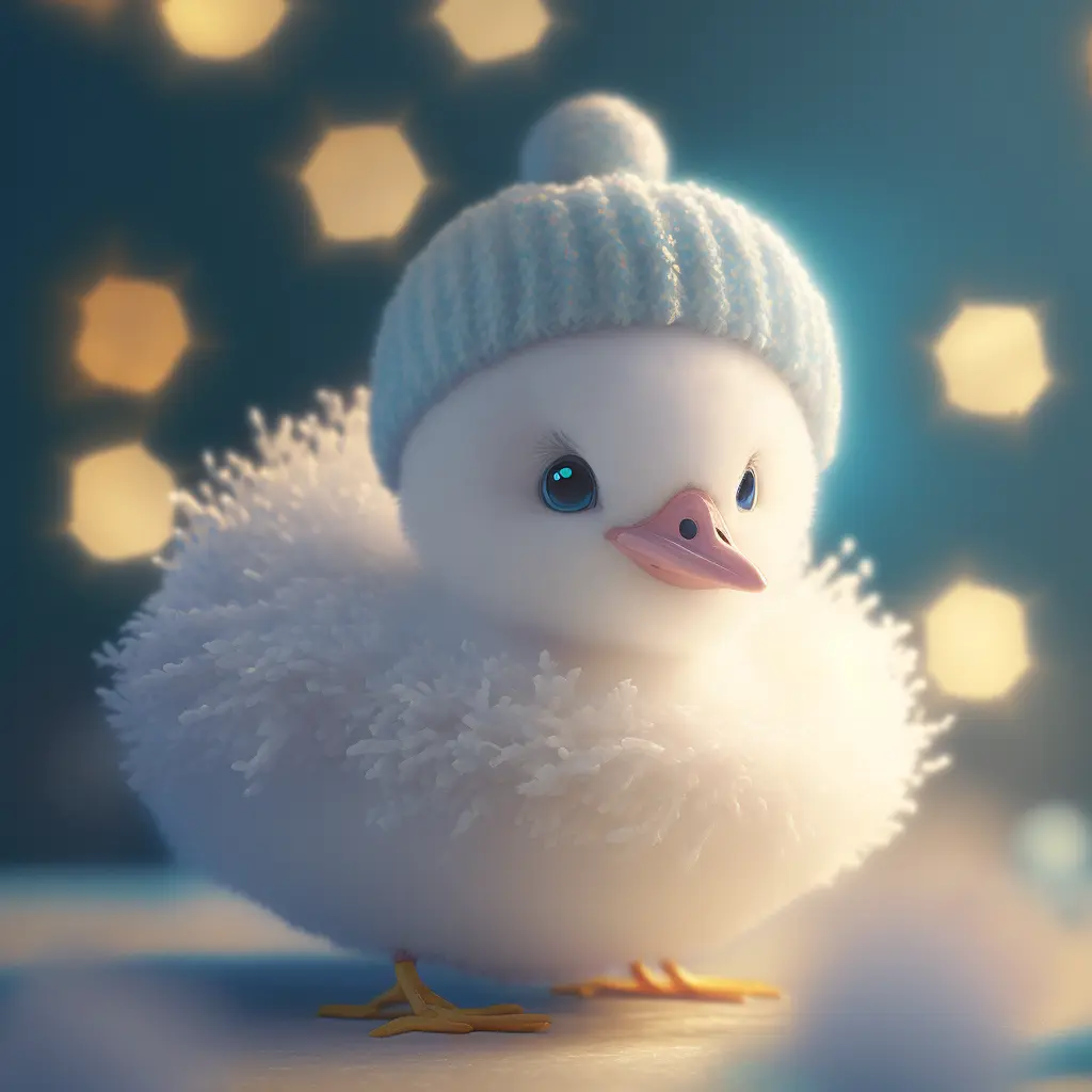 snowing winter, super cute baby pixar style white fairy goose, shiny snow-white fluffy, big bright eyes, wearing a woolly cyan hat, delicate and fine, detailed, fairy tale, bright color, natural light, simple background, octane render